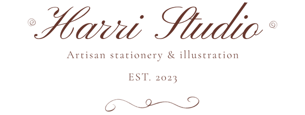 Logo for Harri Studio with text 'Artisan stationery & illustration EST. 2023' on a white background